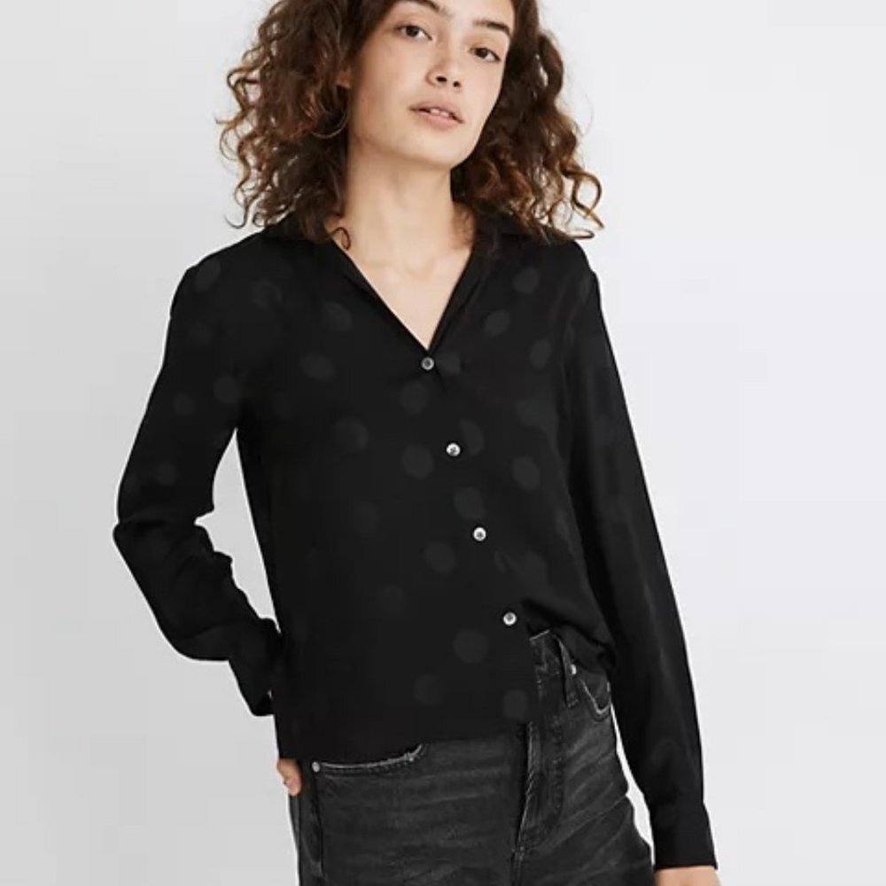Madewell Jacquard Dot Pajama Shirt Blouse Top Black Size XXS EUC D2355